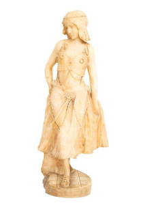 Alabaster Sculpture of a Dancer: Alabaster Sculpture of a Dancer, early 20th century, top and skirt with beaded trim and remnants of black paint, on base with floral tile floor design, apparently unsigned. 26" H x 12" W x 11" D. Prov
