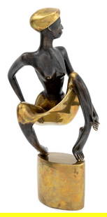 Vasant Narayan Chinchwadkar Kneeling Woman Brass: Vasant Narayan Chinchwadkar (Indian, b. 1934) Kneeling Woman Patinated and Polished Brass Sculpture, signed and numbered edition "15/300" to base and underside of figure, on base. 23.75" H x 13" W x