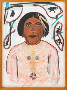Morgan Monceaux "Chief Kintpuash..." Mixed Media: Morgan Monceaux (American, 1945-2017), "Chief Kintpuash Captain (Captain Jack)", Mixed Media on Paper with Collage Elements, 1993, signed lower right, stamped "Morgan Rank" and dated to the reverse, w