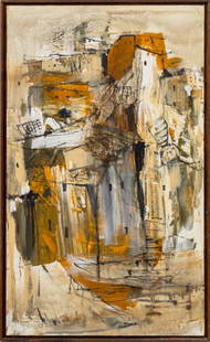 Gino Hollander Abstract Spanish Village Oil, 1970: Gino Hollander (American/Spanish, 1924-2009), Abstract Spanish Village Landscape Scene, Oil on Canvas, 1970, signed and dated lower left, wood frame. Image: 40" H x 24" W; frame: 41.5" H x 21.5" W.