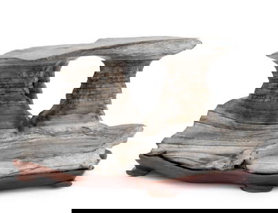 Chinese Scholar's Stone: Chinese Scholar's Stone, on a fitted carved wood stand. Overall: 6" H x 11.5" W x 7" D. Provenance: From an East Village Estate. Keywords: Asian Arts, Gongshi, Lingbi Rock, Fantastic Stone, Scholar's