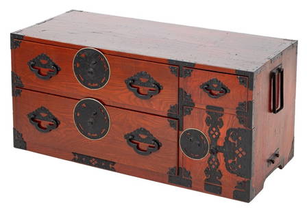 Japanese Iron Mounted Elm Tansu: Japanese Iron Mounted Elm Wood Tansu, with two drawers beside a short drawer above a door opening to two small drawers and flanked by two handles, with with Mokko melon form pulls. 19" H x 41" W x