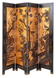 Chinese 4-Panel Coromandel Screen: Chinese Four-Panel Coromandel Screen, 19th century, decorated with birds and flowers on a gilt ground, similarly carved and polychrome painted on a black lacquered ground to reverse. Each panel: 72.5"