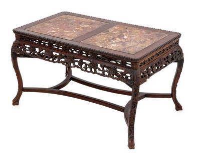 Chinese Red Marble Inset Rosewood Low Table: Chinese Red Marble Inset Rosewood Low Table, 19th century, the pierced apron carved with flowers above four cabriole legs. 20" H x 24" W x 30.5" D. Provenance: From an East Village Estate. Keywords: A