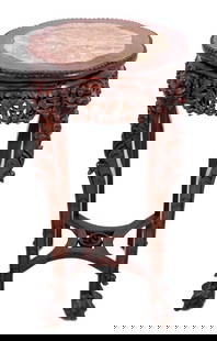 Chinese Hardwood and Marble Pedestal Table: Chinese Carved Hardwood and Marble Pedestal Table, late 19th century, the lobed inset top above a carved frieze, and legs on claw and ball feet, joined by an X-form stretcher. 32" H x 17" W x 17" D.
