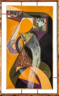 Frank Hildbridge Meyer Abstract Surrealist Oil: Frank Hildbridge Meyer (American, 1923-1996), Abstract Surrealist Composition, Oil on Panel, with geometric designs overlaid with figural vignettes, apparently unsigned, wood frame. Image: 43" H x
