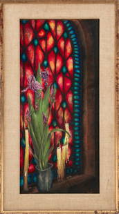 Charles Blum Irises and Stained Glass Oil, 1962: Charles Blum (American, 1925-1998), Irises and Stained Glass, Oil on Masonite, 1962, depicting irises in pot with candles in front of a red and blue arched stained glass window, signed and dated