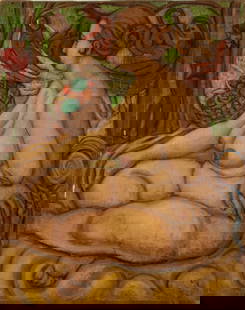 Philip Standish Read Seated Female Nude Oil: Philip Standish Read (American, 1927-2000), Seated Female Nude, Oil on Canvas, depicting a nude woman and bowl of fruit, in front of figural vignettes, signed lower right, signed to verso, unframed.