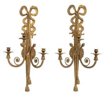 Louis XVI Style Gilt-Metal 3-Light Appliques, Pair: Pair of Louis XVI Style Gilt-Metal Ribbon Three-Light Appliques, with scroll arms and tassel motif. 28" H x 13.25" W x 8" D. Provenance: From a Park Avenue Estate. Keywords: Wall hanging, Wall mount,