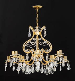 Italian 12-Branch Gilt Brass & Crystal Chandelier: Italian Twelve Branch Gilt Brass and Crystal Chandelier. 33" H x 32" Diameter. Provenance: From a New York City Collection. Keywords: Lighting, Hanging ceiling light, Pendant lamp, Gold-tone, Home Acc