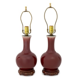 Chinese Copper Red Porcelain Vase Lamps, Pair