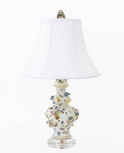 Meissen Floral Encrusted Porcelain Vase as a Lamp: Meissen Floral Encrusted Porcelain Vase Mounted as a Lamp, with basket weave ground and floral decorated finial, mounted on a clear acrylic base. 28.25" H x 8" Diameter. Provenance: From a Palm Beach