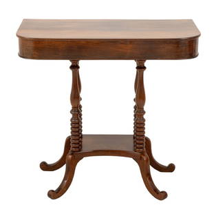 Victorian Mahogany Sofa Table: Victorian Mahogany Sofa Table, the d-shaped top above spool turned wood stems conjoined by an undertier. 29.25" H x 31.25" W x 16" D. Provenance: From a Greenwich, Connecticut Collection. Keywords: