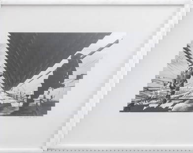 Peter Stackpole Golden Gate Workers Silver Print: Peter Stackpole (American, 1913-1997), Golden Gate Bridge Workers, Gelatin Silver Print, 1936, depicting the construction of the Golden Gate Bridge with two laborers in the foreground, signed in