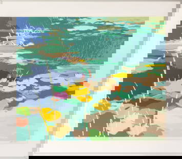 Tadashi Asoma "Green Shadow" Serigraph: Tadashi Asoma (Japanese/American, 1923-2017), "Green Shadow", Serigraph in Colors, signed in pencil lower right, numbered edition "7/38 A.P.", titled, and inscribed "To Dr. Irwin & Mrs. Ellen K. Schlo