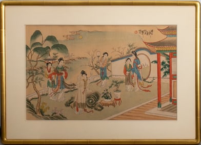 Chinese Figural Landscape Scene Gouache on Silk