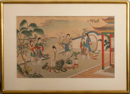 Chinese Figural Landscape Scene Gouache on Silk: Chinese School, Figural Landscape Scene, Gouache on Silk, signed upper right, Nancy Wu Fine Art label to verso, ebonized and giltwood frame. Image: 13.5" H x 21.5" W; frame: 20.5" H x 28.5" W. Provena