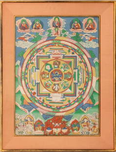 Tibetan Budhhist Thangka: Tibetan Buddhist Thangka, late 19th or early 20th century, polychrome paint on cloth, depicting a mandala centering Chakrasamvara, giltwood frame. Image: 27.5" H x 19.5" W; frame: 34.75" H x 27" W x