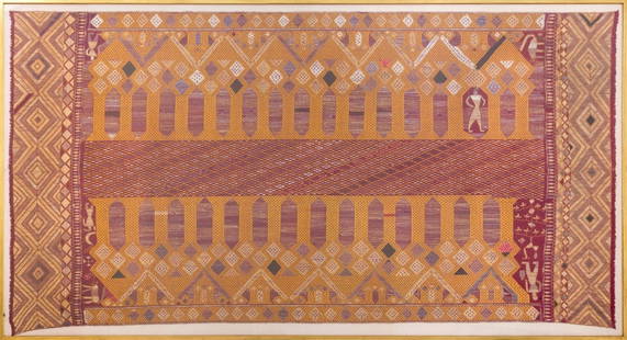 Rajasthan Pictorial Needlework Textile: Indian Rajasthani Pictorial Needlework Textile, giltwood Kulicke frame. Textile: 53.5" H x 100" W; frame: 58.5" H x 105" W. Provenance: From a New York City Corporate Collection. Keywords: Indian Art,