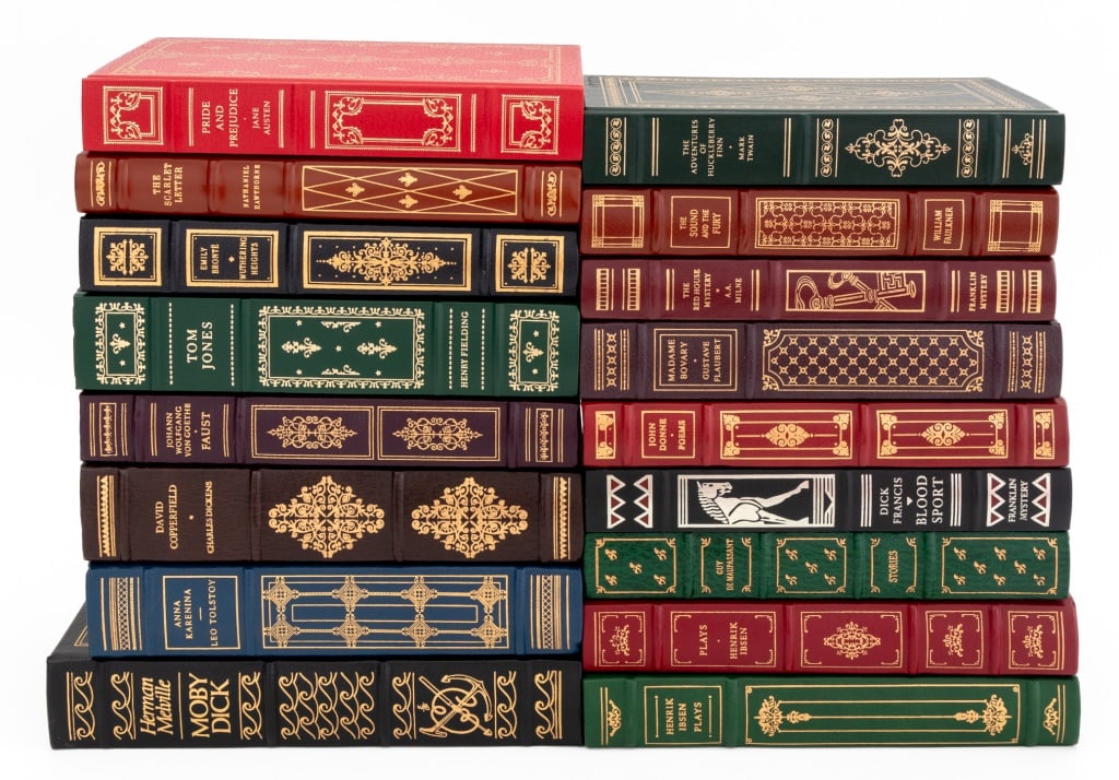 Leather-Bound Novels and Plays, 17 Vols.: Collection of 17 Leather-Bound Novels and Plays, comprising: "The Sound and the Fury", Faulkner, William, "Blood Sport", Francis, Dick, "The Red House Mystery", Milne, A.A., "Moby Dick", Melville, Her