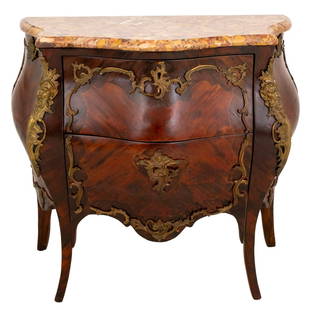 Louis XV Style Kingwood and Marble Bombe Chest: Louis XV Style Gilt Metal Mounted Kingwood and Breche d'Alep Marble Bombe Chest, late 19th century, fitted with two drawers, on cabriole legs. 35" H x 36" W x 19" D. Provenance: From a New York City C