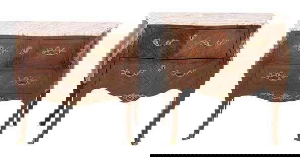 Louis XVI Style Pink Marble Top Bombe Commode, 2: Assembled Pair of Louis XVI Veined Pink Marble Top Metal Mounted Bombe Commode, each with two short drawers above one long drawer on cabriole legs. 29.5" H x 34.5" W x 17.5" D. Provenance: From a New