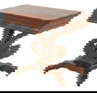 Empire Style Flame Mahogany Flip-Top Table: American Empire Style Flame Mahogany Flip-Top Table, on scroll form central support with on four shape legs conjoined by square base. 30.75" H x 36" W x 35"; 18.5" D. Provenance: From a Greenwich,