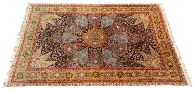 Iran Tabriz Wool and Silk Carpet, 12' 2" x 8' 2.5": Iran Tabriz Lamb's Wool and Silk Pile Carpet, with polychrome floral geometric design, label to underside. 12' 2" L x 8' 2.5" W. Provenance: Pasargad Importers, New York. From a Park Avenue Estate. Ke