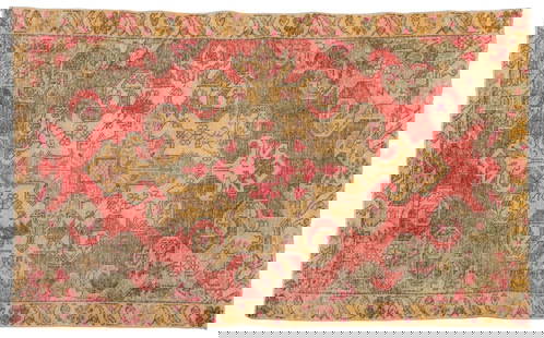 Turkish Oushak Hand-Woven Rug, 6' 7.5" x 4' 2": Turkish Oushak Hand-Woven Rug, with geometric pattern with red and green ground. 6' 7.5" x 4' 2". Provenance: From the Collection of a New York City Musician. Keywords: Antique Rugs, Carpets, Oriental
