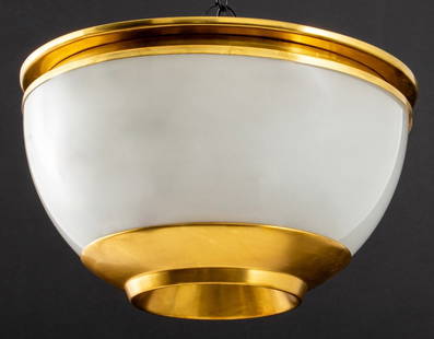 Thad Hayes Gilt Metal Frosted Glass Flush Mount: Thad Hayes Gilt Metal and Frosted Glass Flush Mount Ceiling Light, with "Model# 1000 - T. Hayes" label. 7.5" H x 14" Diameter. Provenance: From a Thad Hayes-designed 15 Central Park West Private Resid