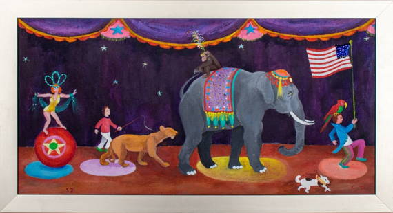 Sally J. Circus Scene Acrylic on Canvas: Sally J. (American, XX), Circus Scene, Acrylic on Canvas, depicting performers and animals in line, initialed lower left and right corners, signed to verso, silver-tone frame. Image: 11.75" H x 23.75"