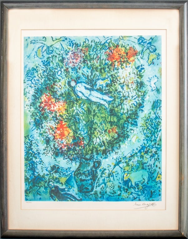 Marc Chagall "Nude Floating in Vase" Lithograph: Marc Chagall (Russian/French, 1887-1985), "Nude Floating in Vase", Lithograph in Colors, numbered edition "380/400" lower left, signed in plate lower right, lacquered wood frame. Image: 24" H x 19" W;