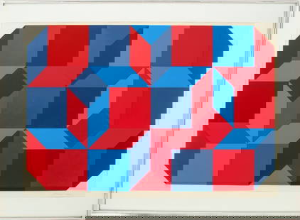 Luis Molinari-Flores Geometric Screenprint: Luis Molinari-Flores (Ecuadorian, 1929-1994), Geometric Composition, Screenprint in Colors, signed in pencil lower right, numbered "63/100" lower left, silver-tone frame. Image: 23.75" H x 35.5" W; fr