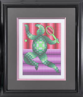 Victor Vasarely "Tennis Player" Serigraph: Victor Vasarely (French/Hungarian, 1906-1997), "Tennis Player", Serigraph in Colors, circa 1990, numbered edition "8/200" lower left, signed in pencil lower right, black lacquered frame. Image: 15.5"