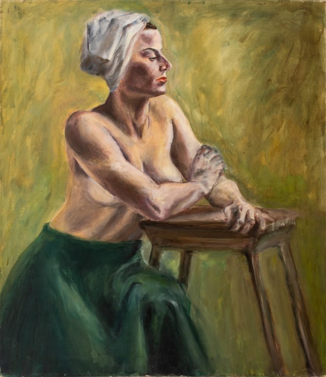 Gloria Grumbacher Seated Nude Woman Oil on Canvas: Gloria Grumbacher (American, XX), Seated Female Nude, Oil on Canvas, with partial '"Gloria Grumbacher" stationary attached to verso, marked "Brook pm" to verso, unframed. 30" H x 26" W. Provenance: Fr