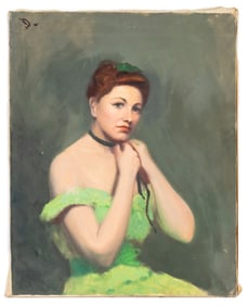American School Seated Woman in Green Oil