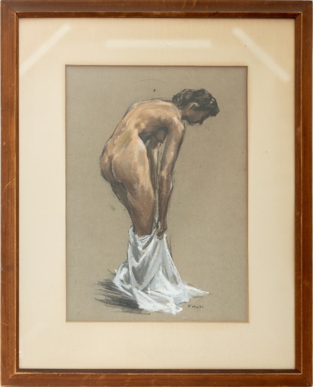 Frederick Hicks Nude Female Figure Pastel on Paper: Frederick Hicks (American, XIX-1965), Nude Female Figure, Pastel on Paper, signed "F. Hicks" lower right, wood frame. Image: 21" H x 15" W; frame: 31.5" H x 25.5" W. Provenance: From a West 28th Stree