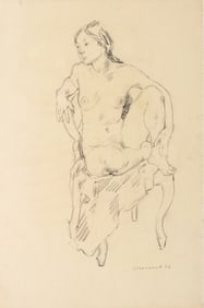 American School Seated Nude Woman Charcoal