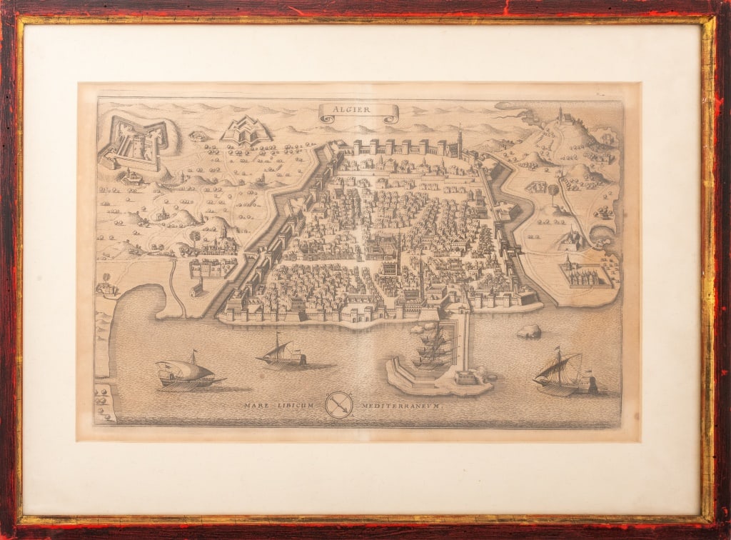 Map of Algiers, Algeria Engraving on Laid Paper: Map of Algiers, Algeria, Engraving on Laid Paper. Image: 9.25" H x 14.5" W; framed: 14" H x 18.75" W. Provenance: Property from a 251 E. 71st St. Townhouse. Keywords: Prints, Multiples, Intaglio, Medi