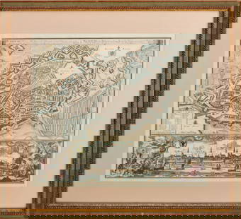 Covens & Mortier "Hambourg" Hand-Colored Engraving: Johannes Covens and Cornelis Mortier, "Hambourg Fameuse Ville Imperiale", Hand-Colored Engraving, 18th century, likely printed 19th century, painted and giltwood frame. Image: 20" H x 23" W; frame: 28