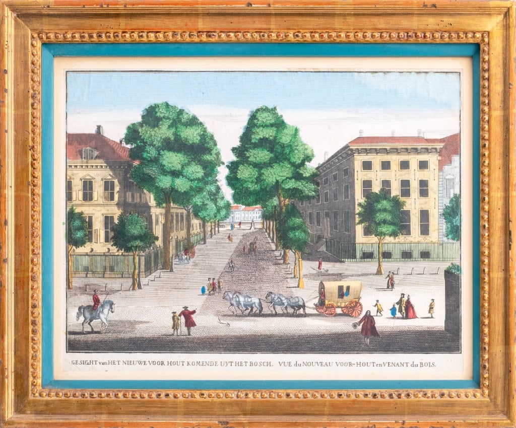 The Hague Hand-Colored Engraving on Paper, 18th C.: View of The Hague, Hand-Colored Engraving on Paper, titled "Vue du Nouveau Voor-hout en venant du Bois / Gesight van het Nieuwe Voor hout komende uyt het Bosch", depicting view on the nieuw Voor-Hout 