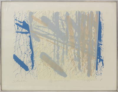 Tom Holland "Stockton" Mixed Media Screenprint: Tom Holland (American, b. 1936), "Stockton", Mixed Media Screenprint, 1971, signed in pencil lower right, numbered edition "30/50" lower center and titled lower left, silver-tone frame. Image: 18" H x