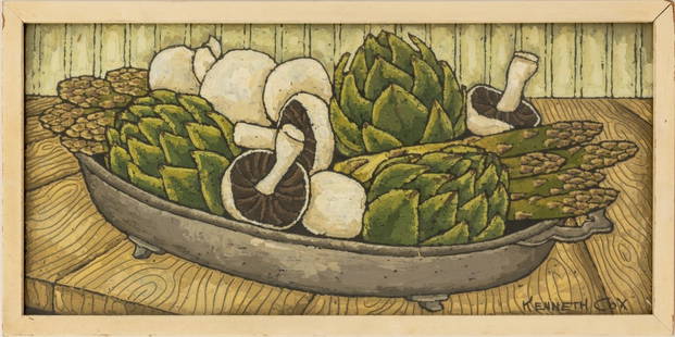 Kenneth Cox Still Life with Mushrooms Oil on Panel: Kenneth Cox (American, XX), Still Life Scene with Mushrooms, Asparagus, and Artichokes, signed lower right, white painted wood frame. 7.25" H x 15.5" W; frame: 8.5" H x 16.75" W. Provenance: The Upper