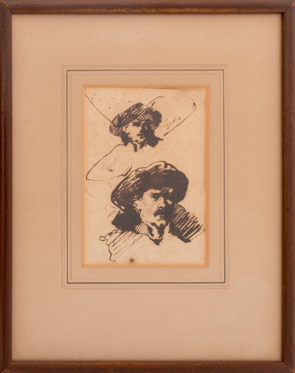 Dutch School "Two Heads" Pen & Ink Wash, 18th C.: Dutch School, "Two Heads", Pen and Ink Wash on Paper, 18th century, includes a 1962 Declaration of Antiquity from a member of the British Antique Dealers' Association, Alfred Brod Gallery paper label