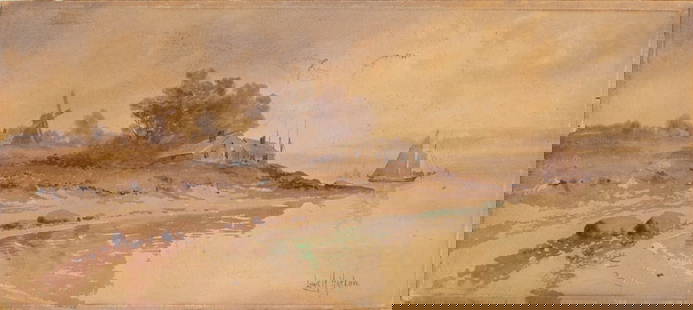 Louis Kinney Harlow "On the Edge..." Watercolor: Louis Kinney Harlow (American, 1850-1930), "On the Edge of the Sea", Watercolor on Paper, mounted on board, signed lower right, titled to verso, unframed. 12" H x 27" W. Provenance: From a New York Ci