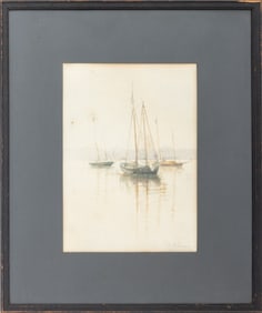 Illegibly Signed Sailboat Landscape Watercolor