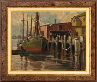 Harold C. Wolcott Wharf Scene Oil on Canvas