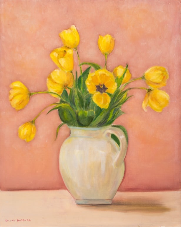 Penny Purpura Bouquet of Tulips Still Life Oil: Penny Purpura (American, XX-XXI), Bouquet of Tulips Still Life Scene, Oil on Canvas, depicting yellow tulip flowers in a white pitcher on a pink ground, signed lower left, unframed. 20" H x 16" W. Key