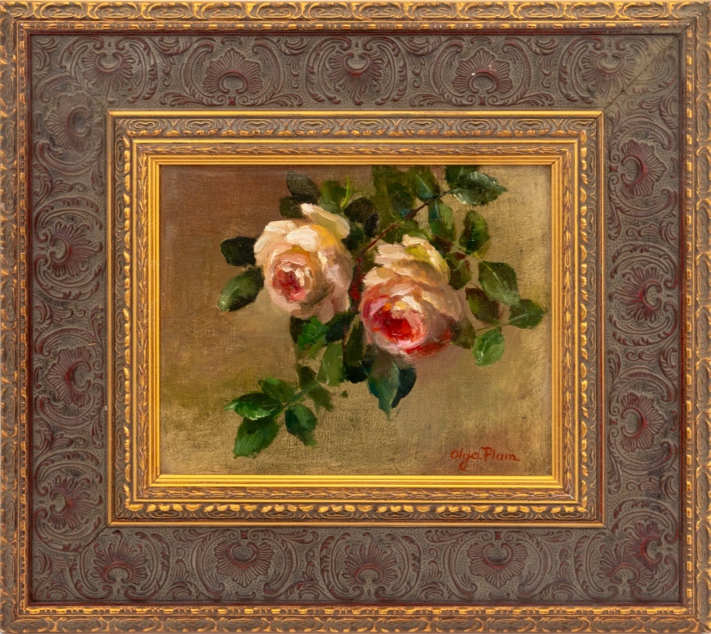 Continental School Still Life with Roses Oil: Continental School, Still Life Scene with Roses, Oil on Canvas, signed "Olga Plain" lower right, gilt decorative frame. Image: 7.25" H x 9.5" W; frame: 15.5" H x 17.25" W. Provenance: From a New York