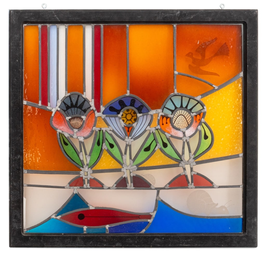 Modern Garden Scene Stained Glass Panel: Modern Garden Scene Stained Glass Panel, depicting three flowers above a fish, with the etched figures of a flying bird and snail. 27" H x 28" W. Provenance: From a West Village Collection. Keywords: 